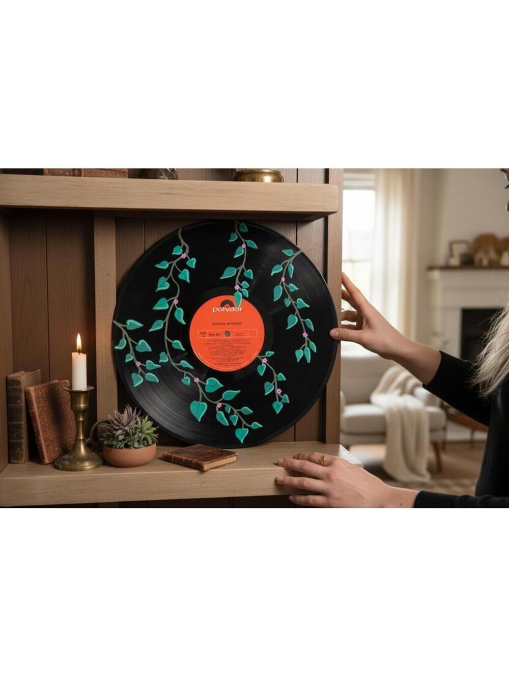 Hand Painted Vinyl Record Art – Green Botanical Vine Decor